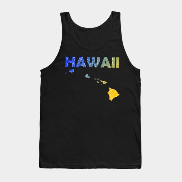 Colorful mandala art map of Hawaii with text in blue and yellow Tank Top by Happy Citizen